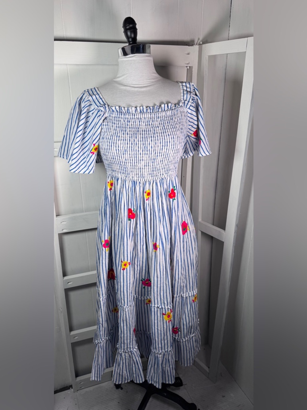 Pink city prints Striped Smocked Sundress with Pink & Yellow Floral Embroidery